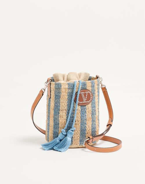 Valentino Garavani - Valentino Garavani Small Striped Raffia Bucket Bag - Natural/azure - Woman - Shoulder Bags
